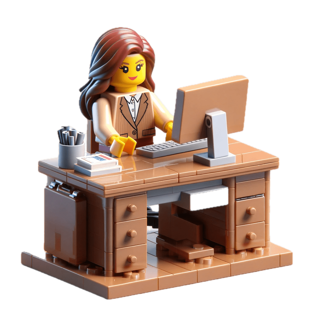 dall·e 2024 01 15 01.28.15 create a 3d photorealistic illustration of a lego style object that complements the female figurine series, such as a desk with a computer or a briefc